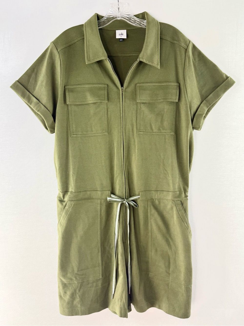 CAbi Olive Green Squad Zip Front Tie Waist Shorts Romper